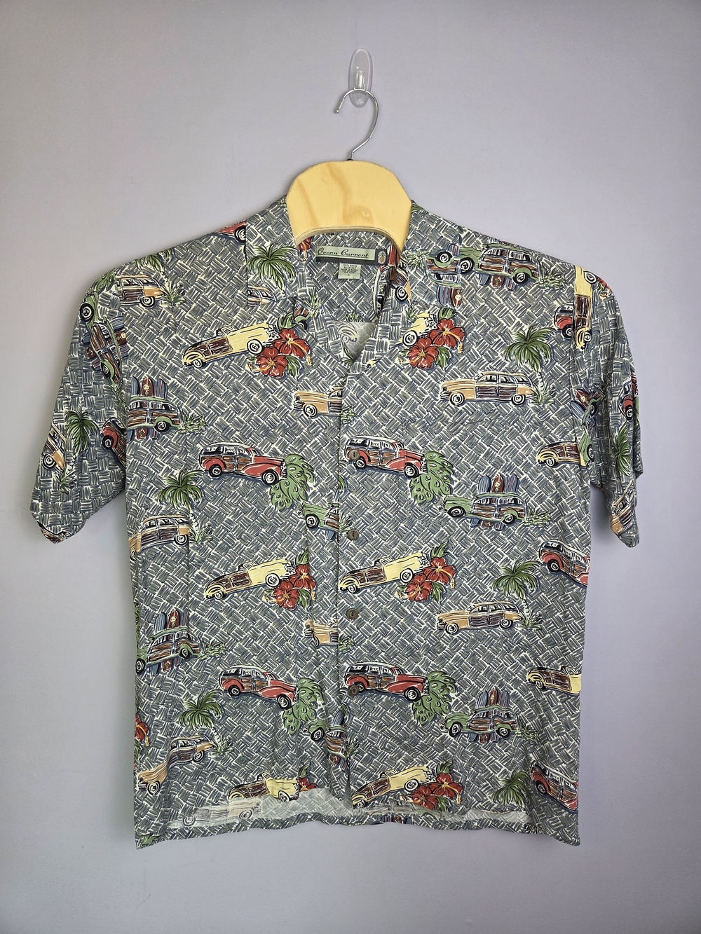 Ocean Current Men's Short Sleeve Tropical Car Print Shirt Size Large, Vintage